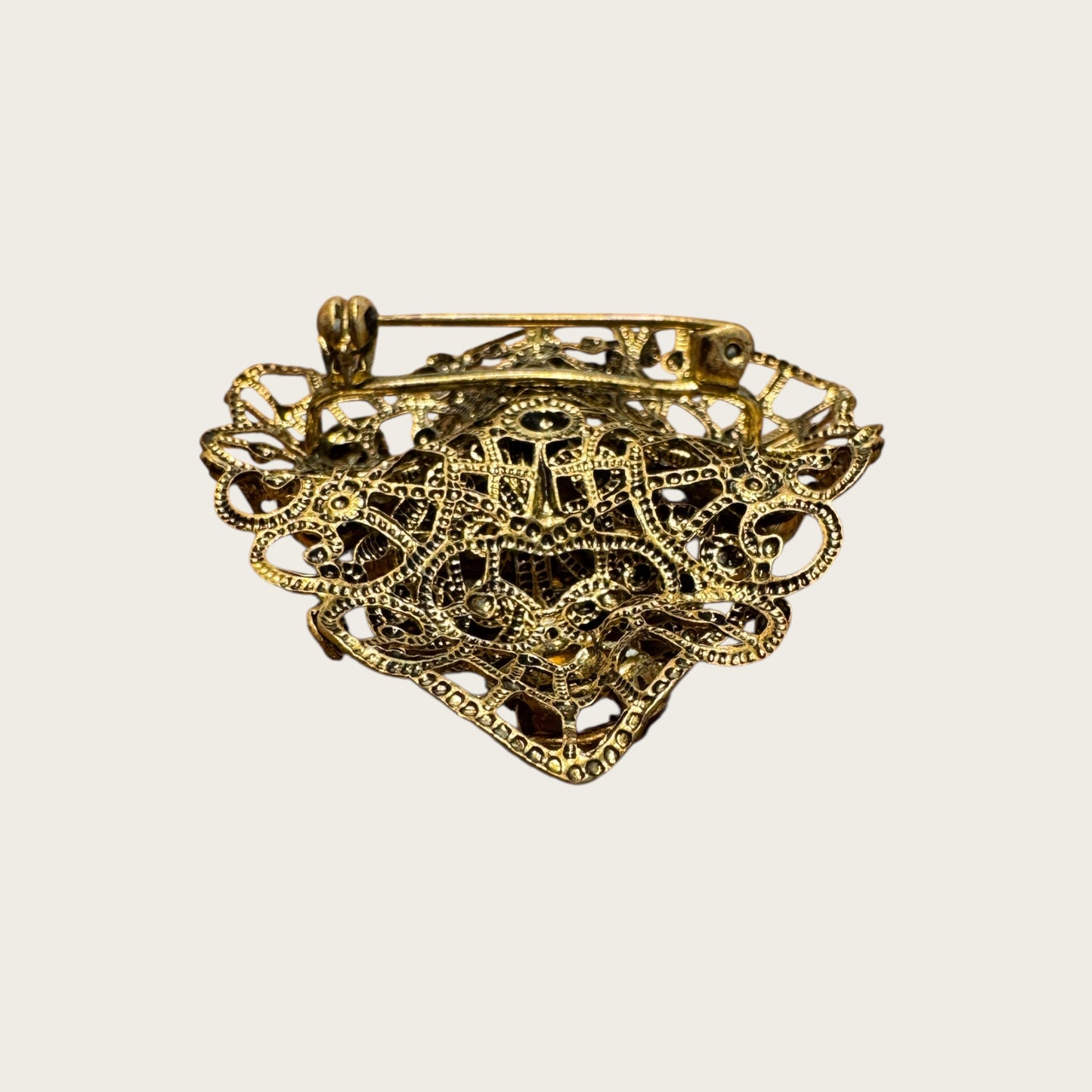Austrian Filigree Brooch with Triangular Amber Glass & Topaz Navettes | Vintage Gilt Brass (1940s)