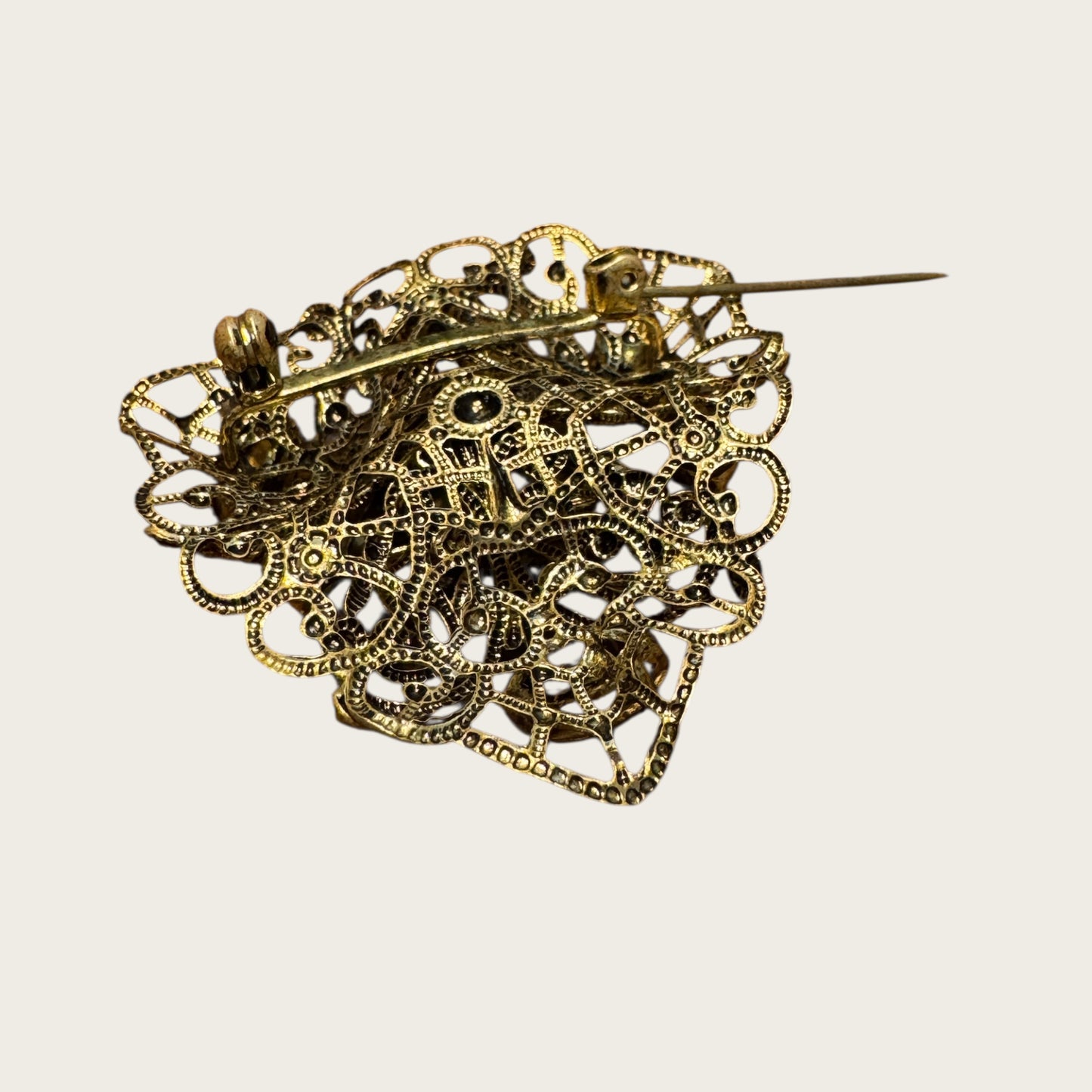 Austrian Filigree Brooch with Triangular Amber Glass & Topaz Navettes | Vintage Gilt Brass (1940s)