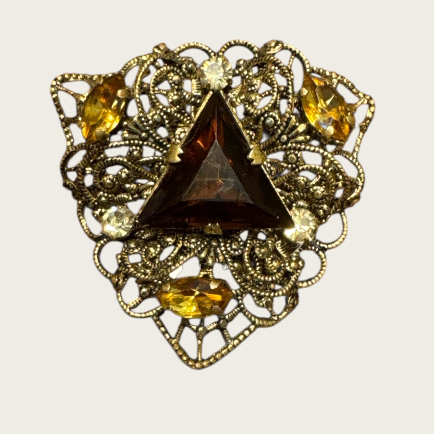 Austrian Filigree Brooch with Triangular Amber Glass & Topaz Navettes | Vintage Gilt Brass (1940s)
