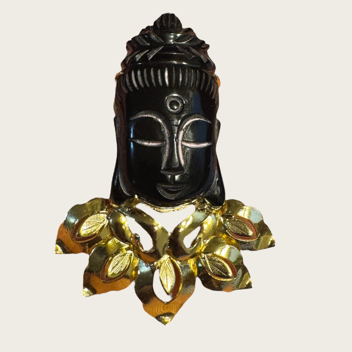 Vintage Gilt Lotus Mount Carved Black Jade Buddha Brooch & Pendant (1950s–1970s)