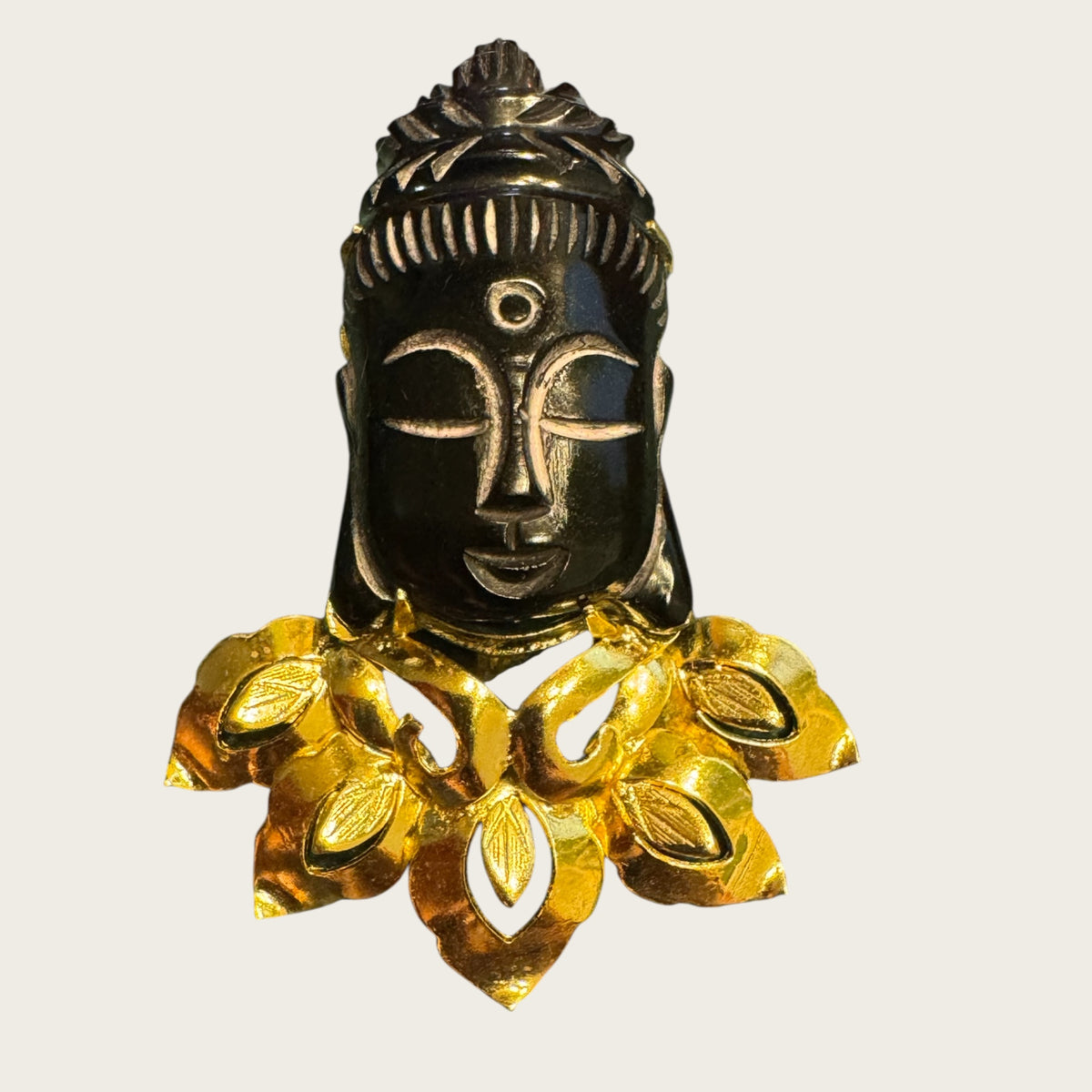 Vintage Gilt Lotus Mount Carved Black Jade Buddha Brooch & Pendant (1950s–1970s)
