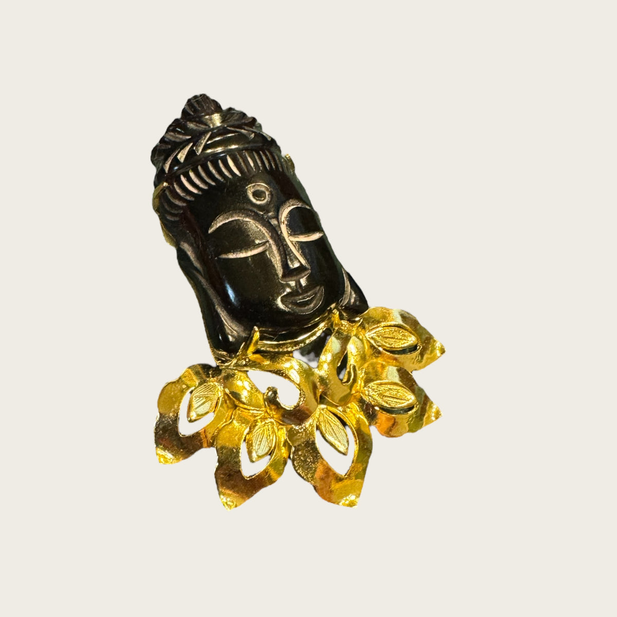 Vintage Gilt Lotus Mount Carved Black Jade Buddha Brooch & Pendant (1950s–1970s)