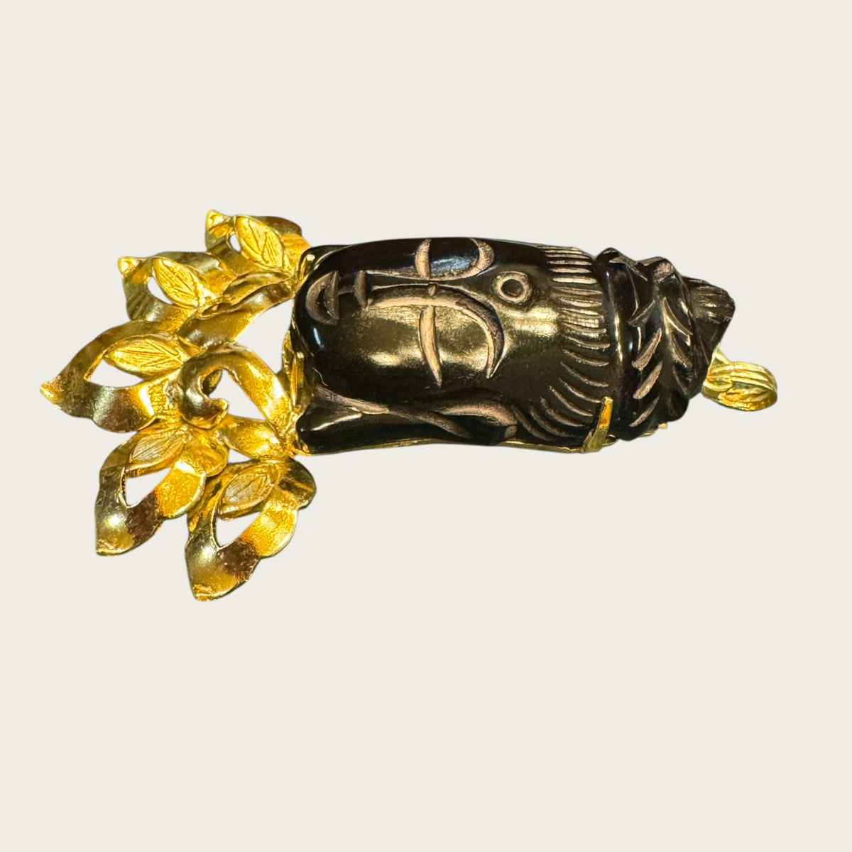 Vintage Gilt Lotus Mount Carved Black Jade Buddha Brooch & Pendant (1950s–1970s)