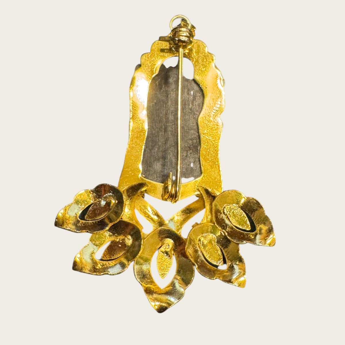 Vintage Gilt Lotus Mount Carved Black Jade Buddha Brooch & Pendant (1950s–1970s)