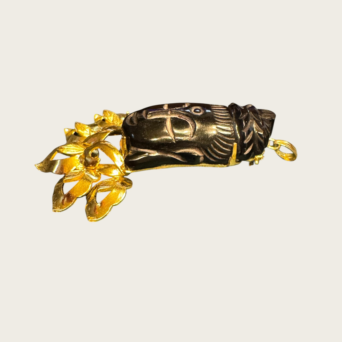 Vintage Gilt Lotus Mount Carved Black Jade Buddha Brooch & Pendant (1950s–1970s)