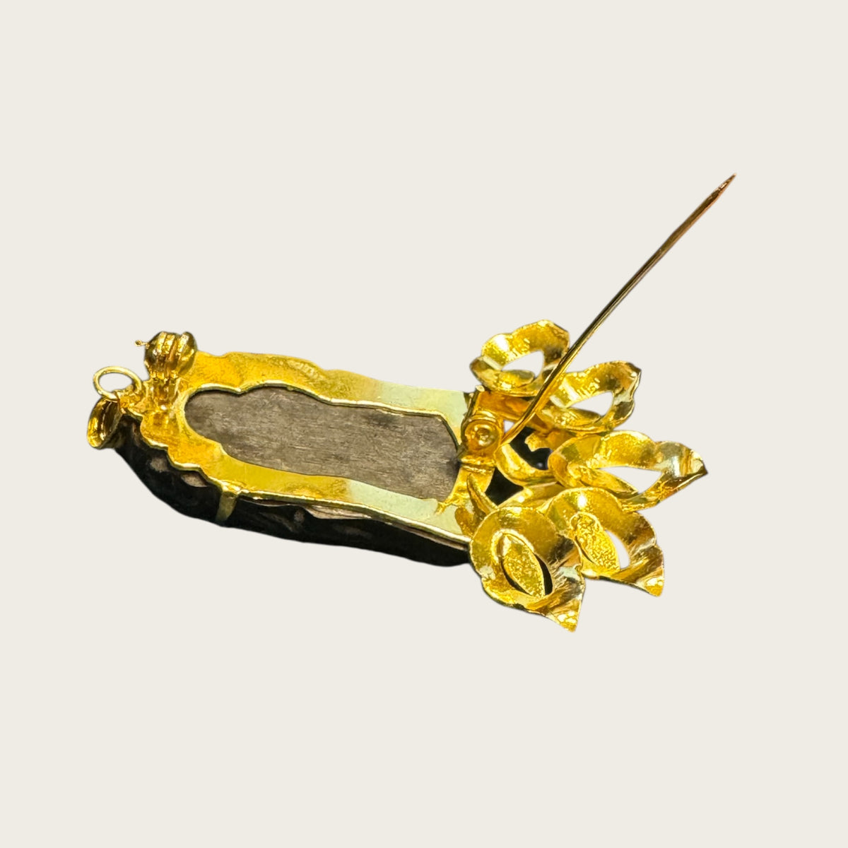 Vintage Gilt Lotus Mount Carved Black Jade Buddha Brooch & Pendant (1950s–1970s)