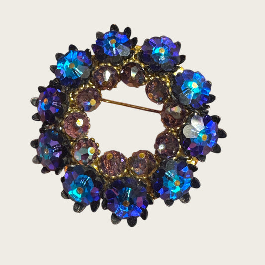 Vintage Electric Blue Aurora Borealis Wreath Brooch Layered Rivoli-Style Floral Crystals
