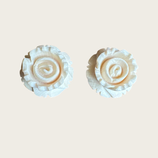 Vintage 14K Gold Carved Bone Rose Stud Earrings