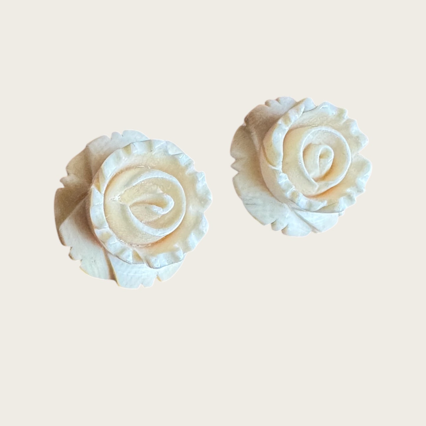 Vintage 14K Gold Carved Bone Rose Stud Earrings