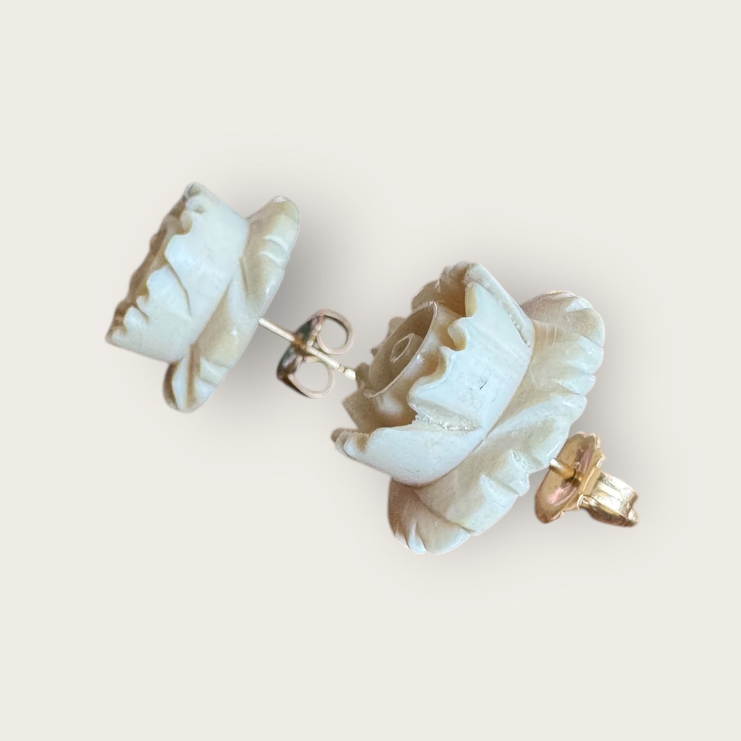 Vintage 14K Gold Carved Bone Rose Stud Earrings
