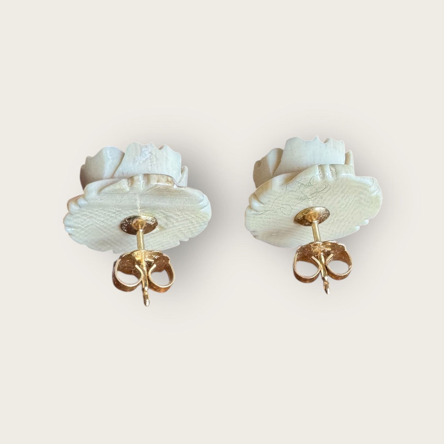 Vintage 14K Gold Carved Bone Rose Stud Earrings