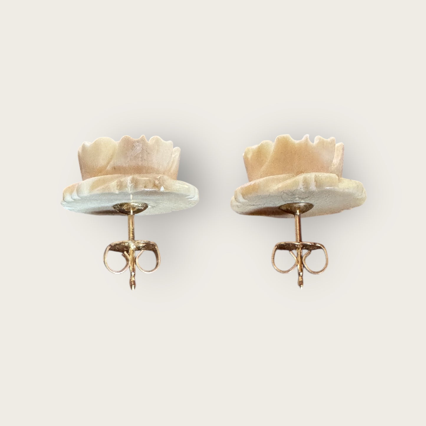 Vintage 14K Gold Carved Bone Rose Stud Earrings