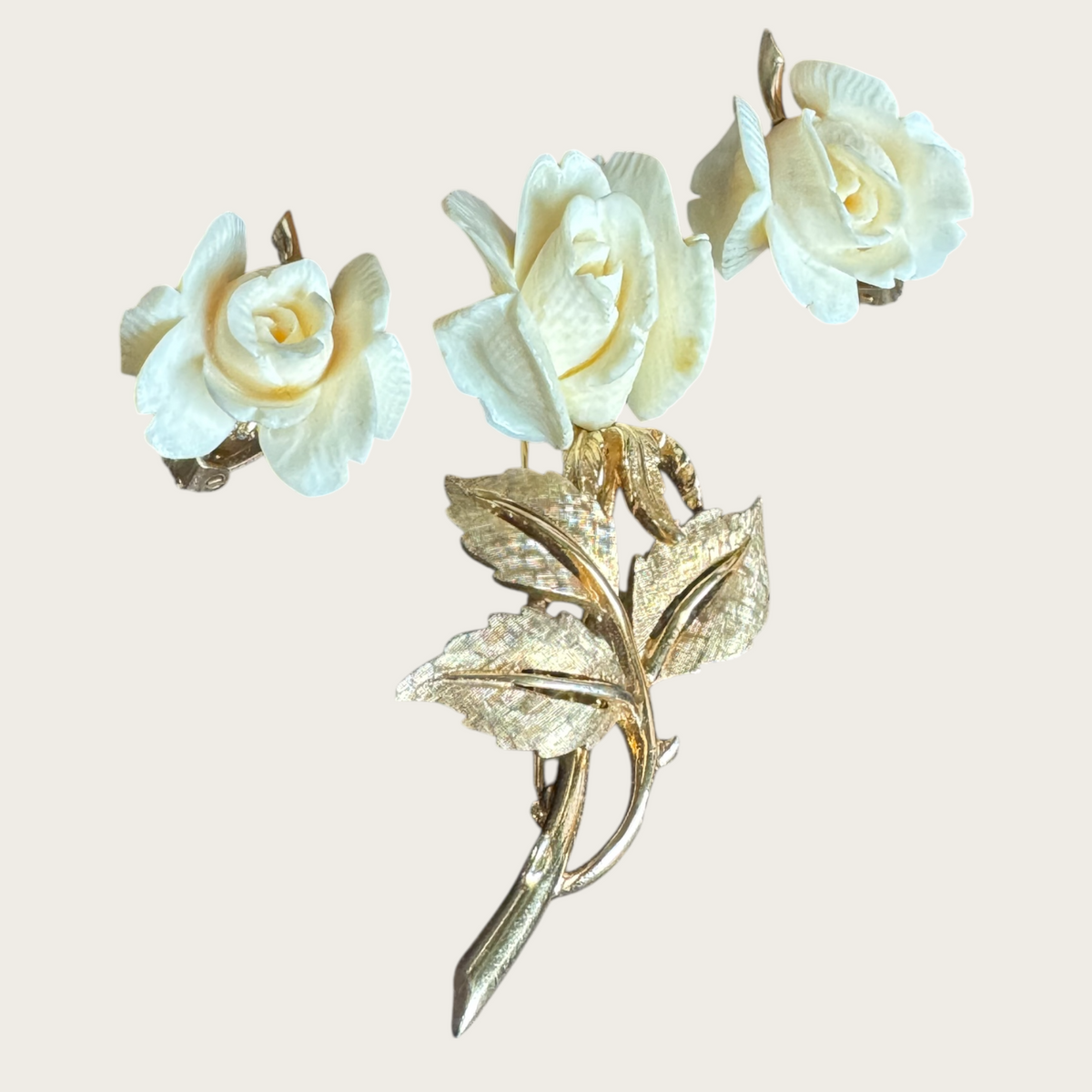 Marcel Boucher Carved Faux Ivory Rose Brooch & Clip-On Earrings – U.S. Patent