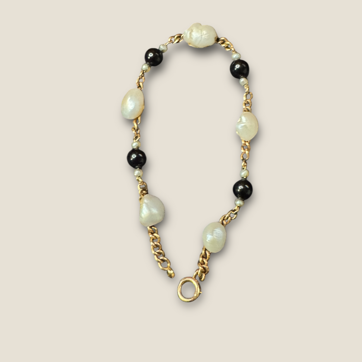 Vintage 14 Karat Gold Bracelet with Cultured Baroque Pearls & Onyx Beads
