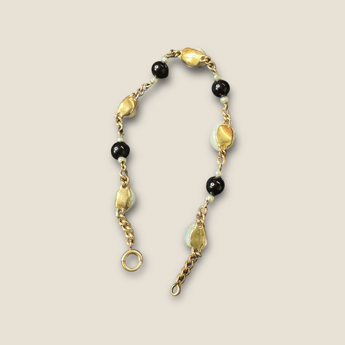 Vintage 14 Karat Gold Bracelet with Cultured Baroque Pearls & Onyx Beads