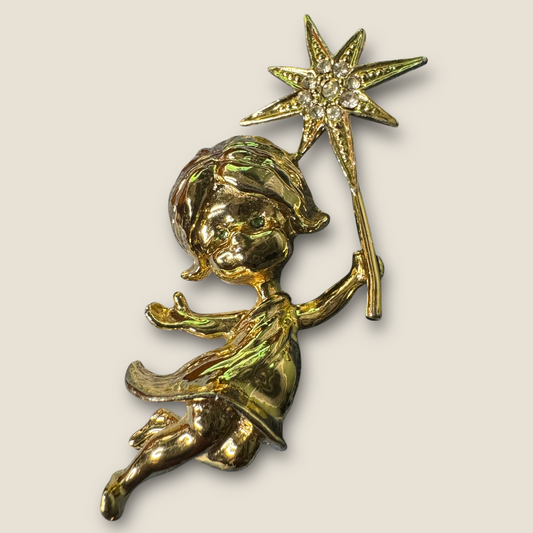 Vintage Tancer II Fairy with Crystal Rhinestone Wand Brooch – Gold-Tone, Peridot Green Eyes