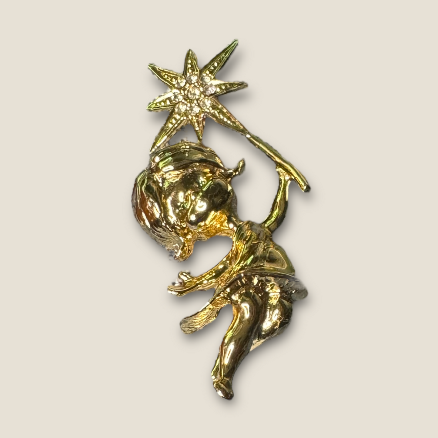 Vintage Tancer II Fairy with Crystal Rhinestone Wand Brooch – Gold-Tone, Peridot Green Eyes