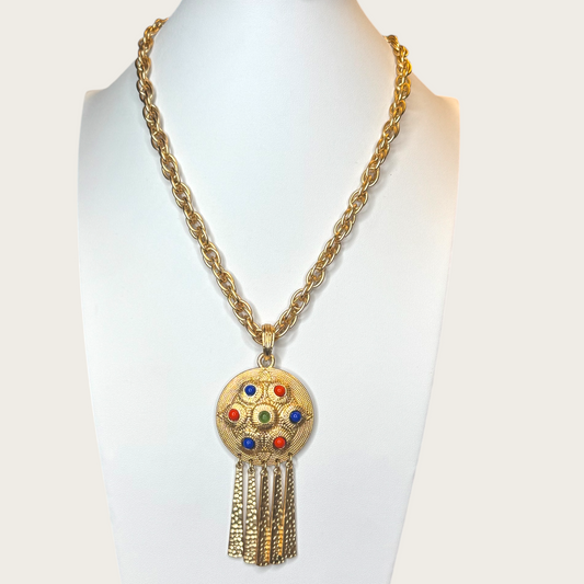 Vintage KJL CN Gold-Tone Medallion Necklace – Red, Blue & Green Cabochons with Fringe Dangles