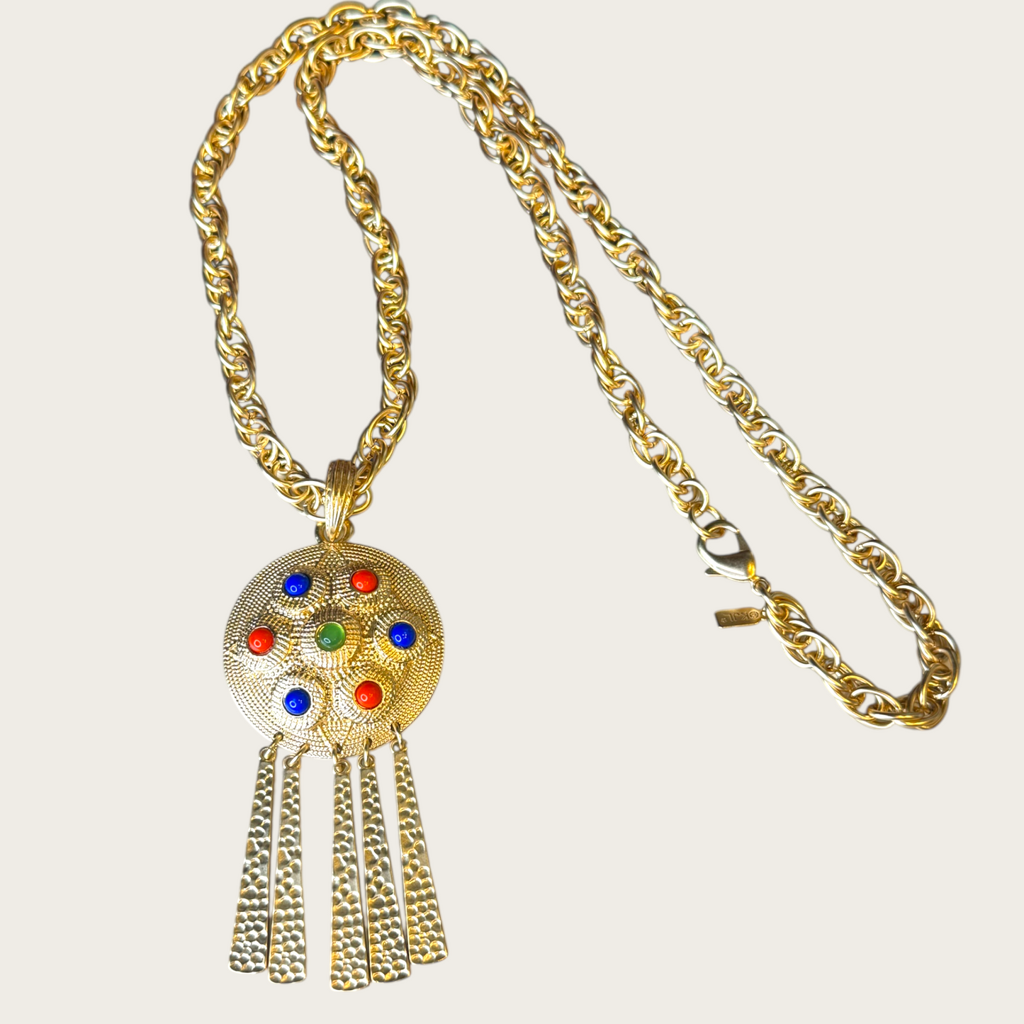 Vintage KJL CN Gold-Tone Medallion Necklace – Red, Blue & Green Cabochons with Fringe Dangles