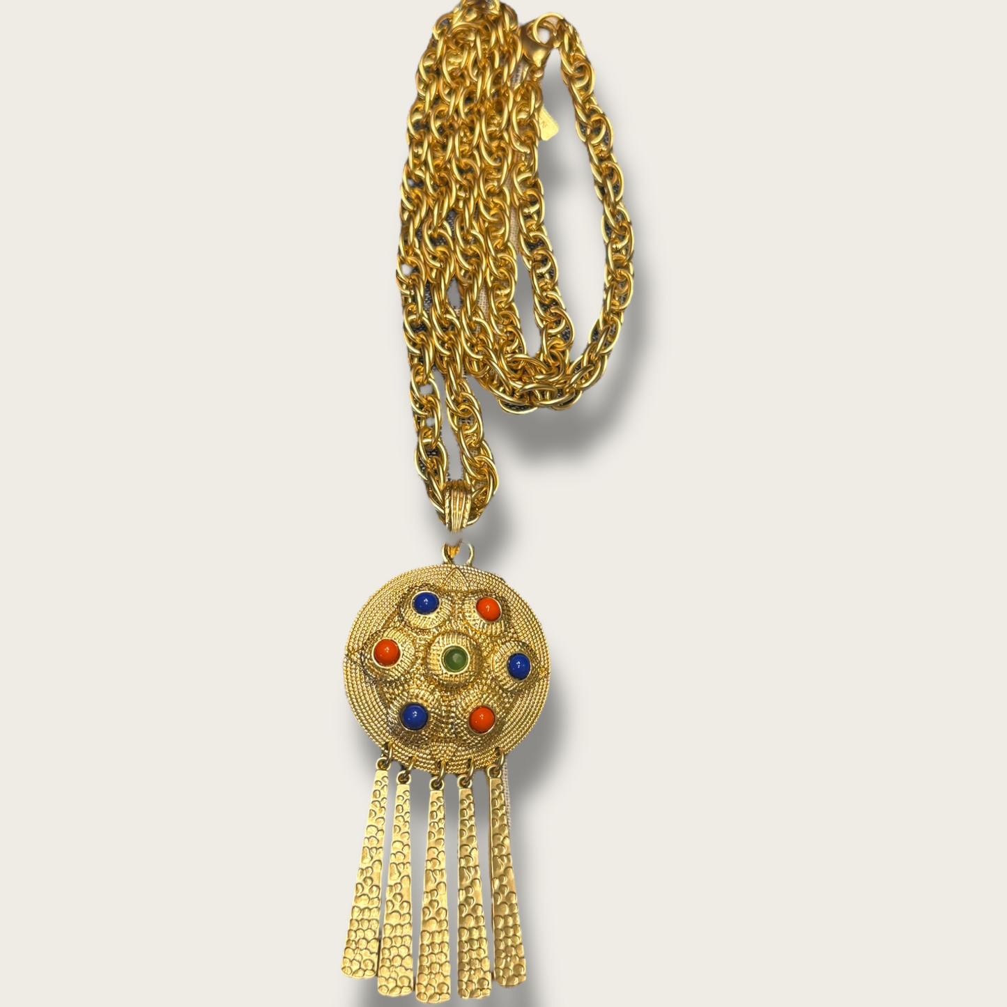 Vintage KJL CN Gold-Tone Medallion Necklace – Red, Blue & Green Cabochons with Fringe Dangles