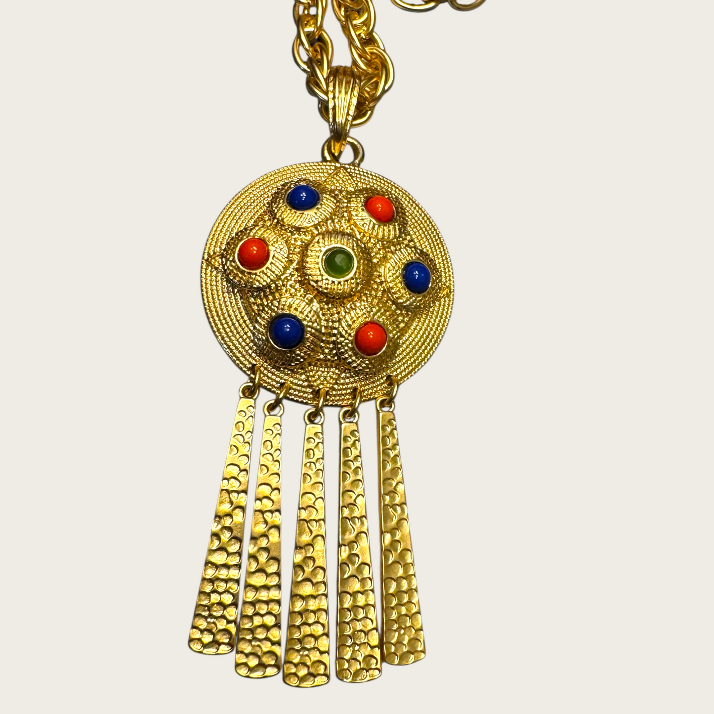 Vintage KJL CN Gold-Tone Medallion Necklace – Red, Blue & Green Cabochons with Fringe Dangles