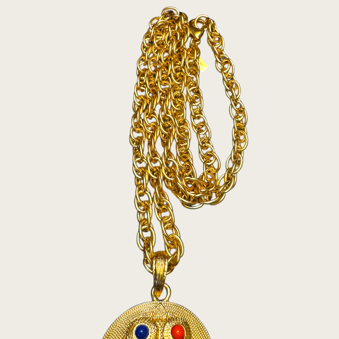 Vintage KJL CN Gold-Tone Medallion Necklace – Red, Blue & Green Cabochons with Fringe Dangles