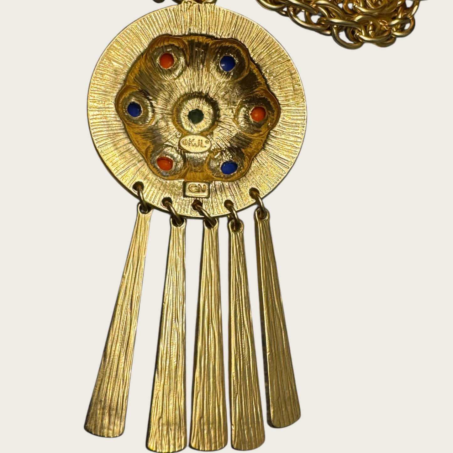 Vintage KJL CN Gold-Tone Medallion Necklace – Red, Blue & Green Cabochons with Fringe Dangles