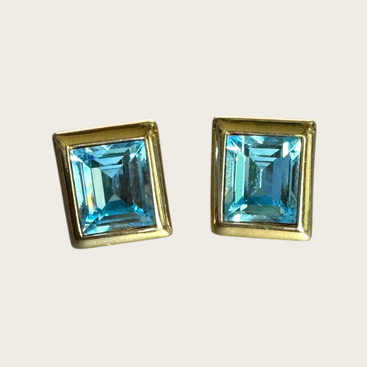 Vintage Swarovski Square Blue Crystal Post Earrings – Gold Bezel Setting