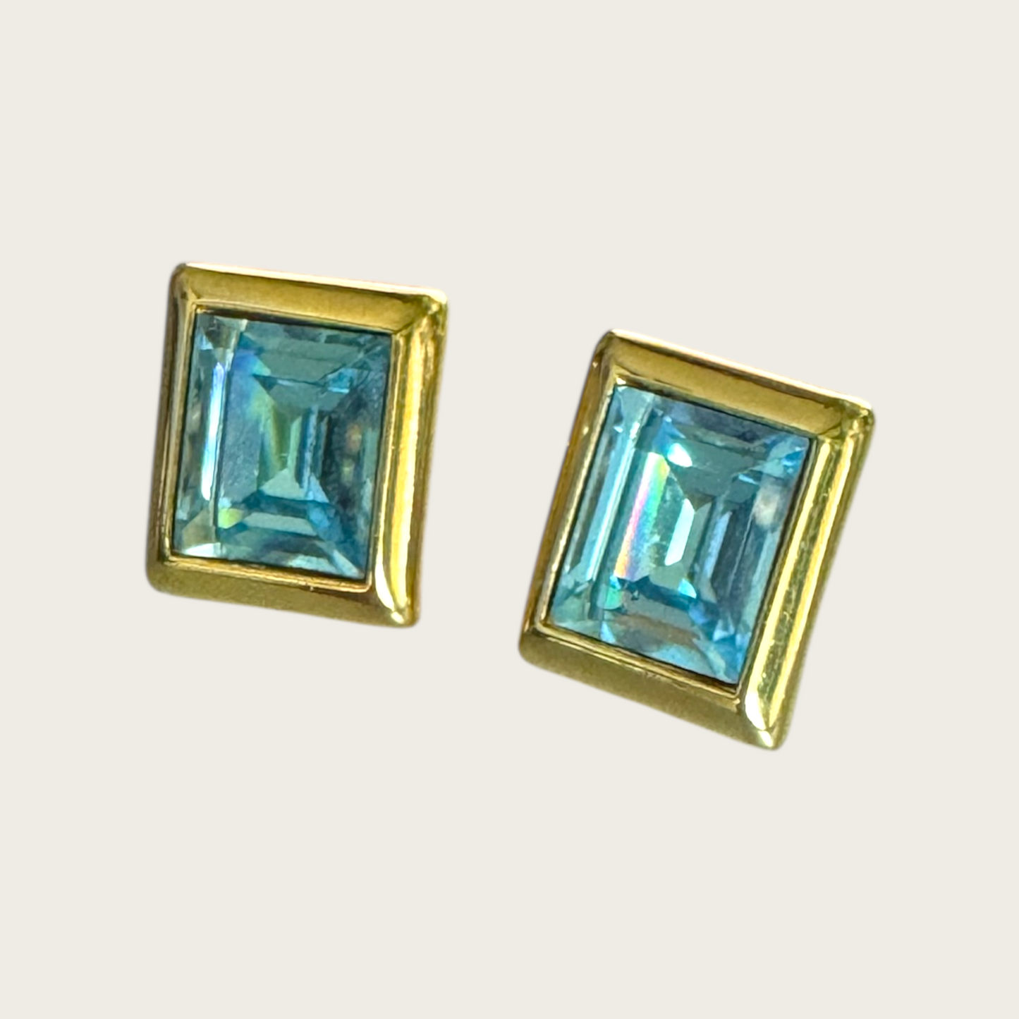 Vintage Swarovski Square Blue Crystal Post Earrings – Gold Bezel Setting