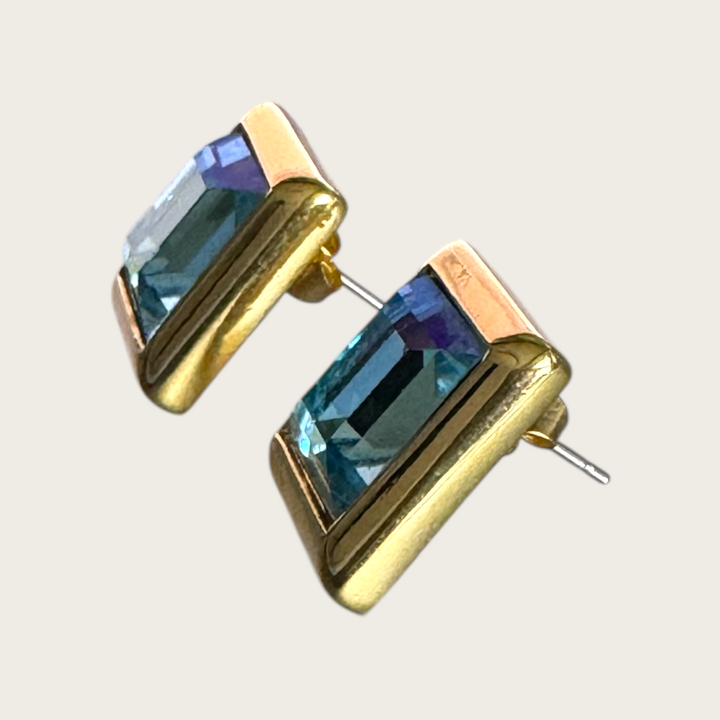 Vintage Swarovski Square Blue Crystal Post Earrings – Gold Bezel Setting