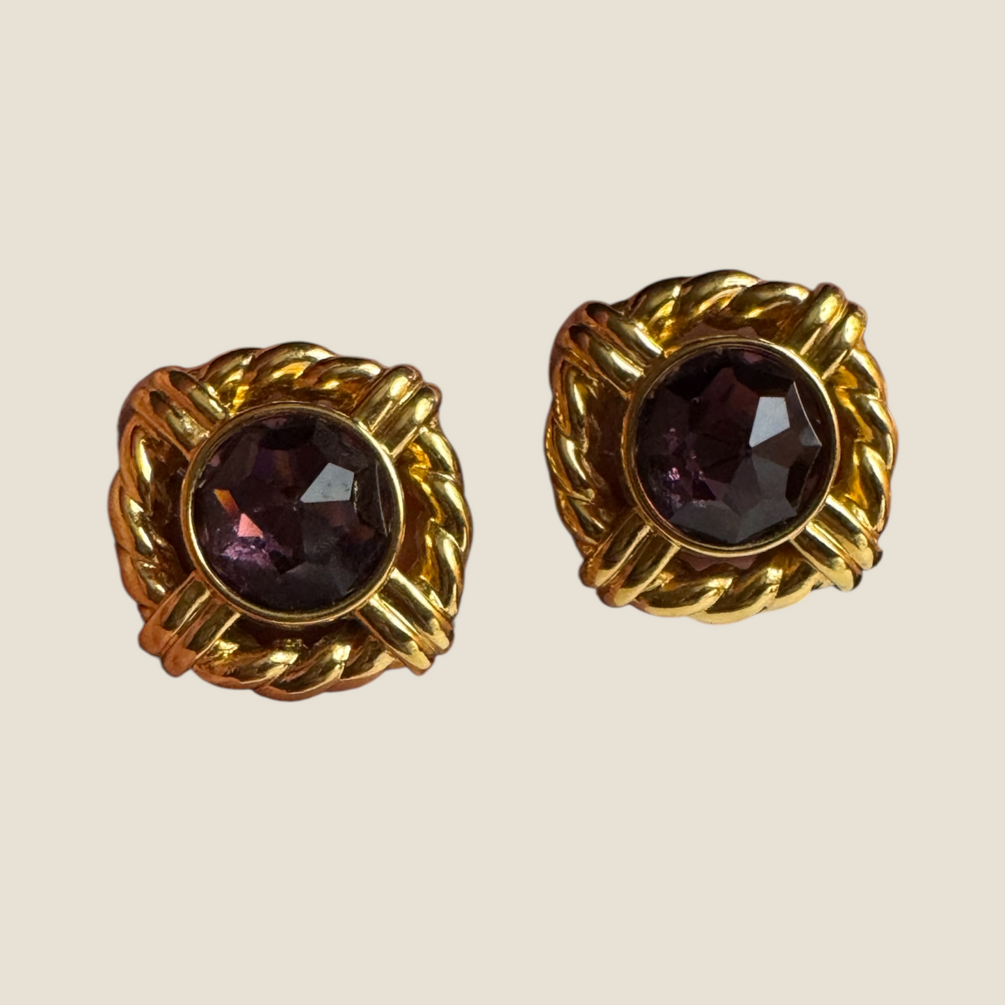 Vintage Signed S.A.L. Swarovski Amethyst Crystal Earrings – Gold-Tone Braided Rope Design
