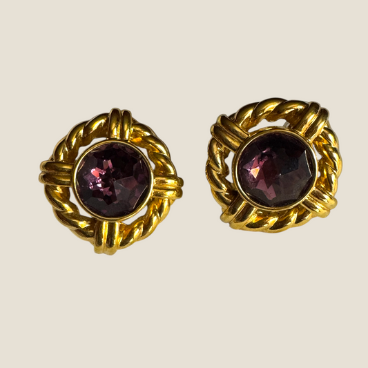 Vintage Signed S.A.L. Swarovski Amethyst Crystal Earrings – Gold-Tone Braided Rope Design