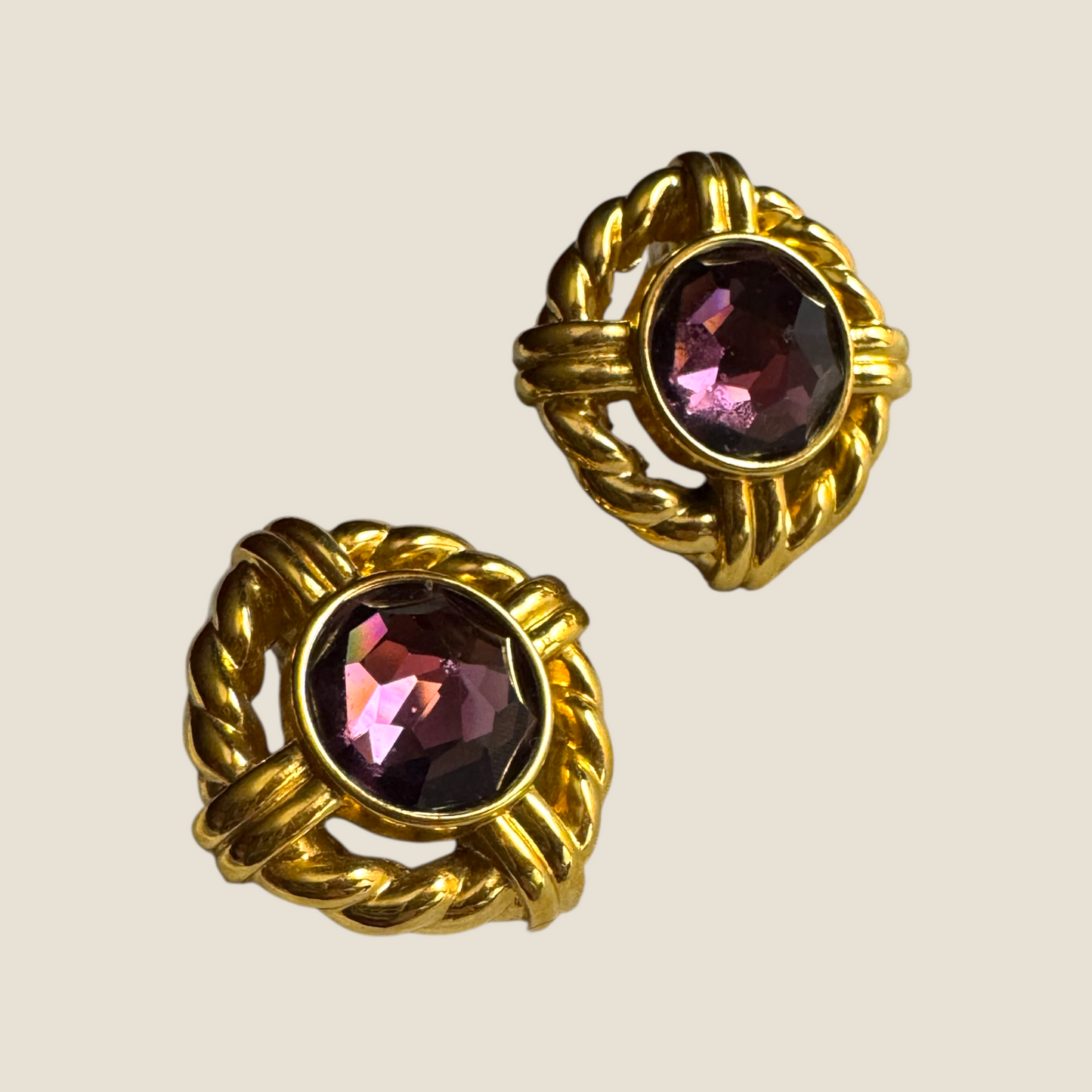 Vintage Signed S.A.L. Swarovski Amethyst Crystal Earrings – Gold-Tone Braided Rope Design
