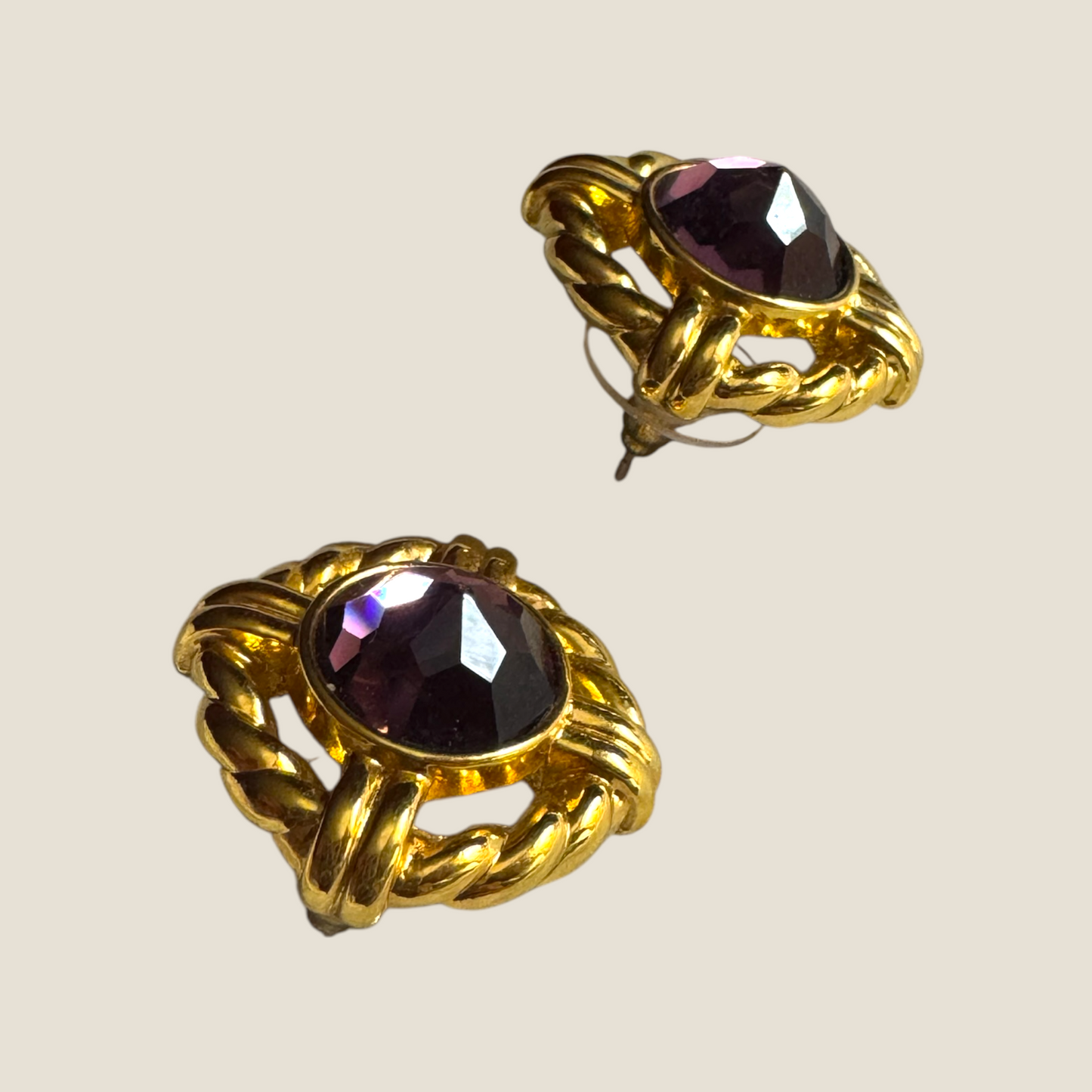 Vintage Signed S.A.L. Swarovski Amethyst Crystal Earrings – Gold-Tone Braided Rope Design