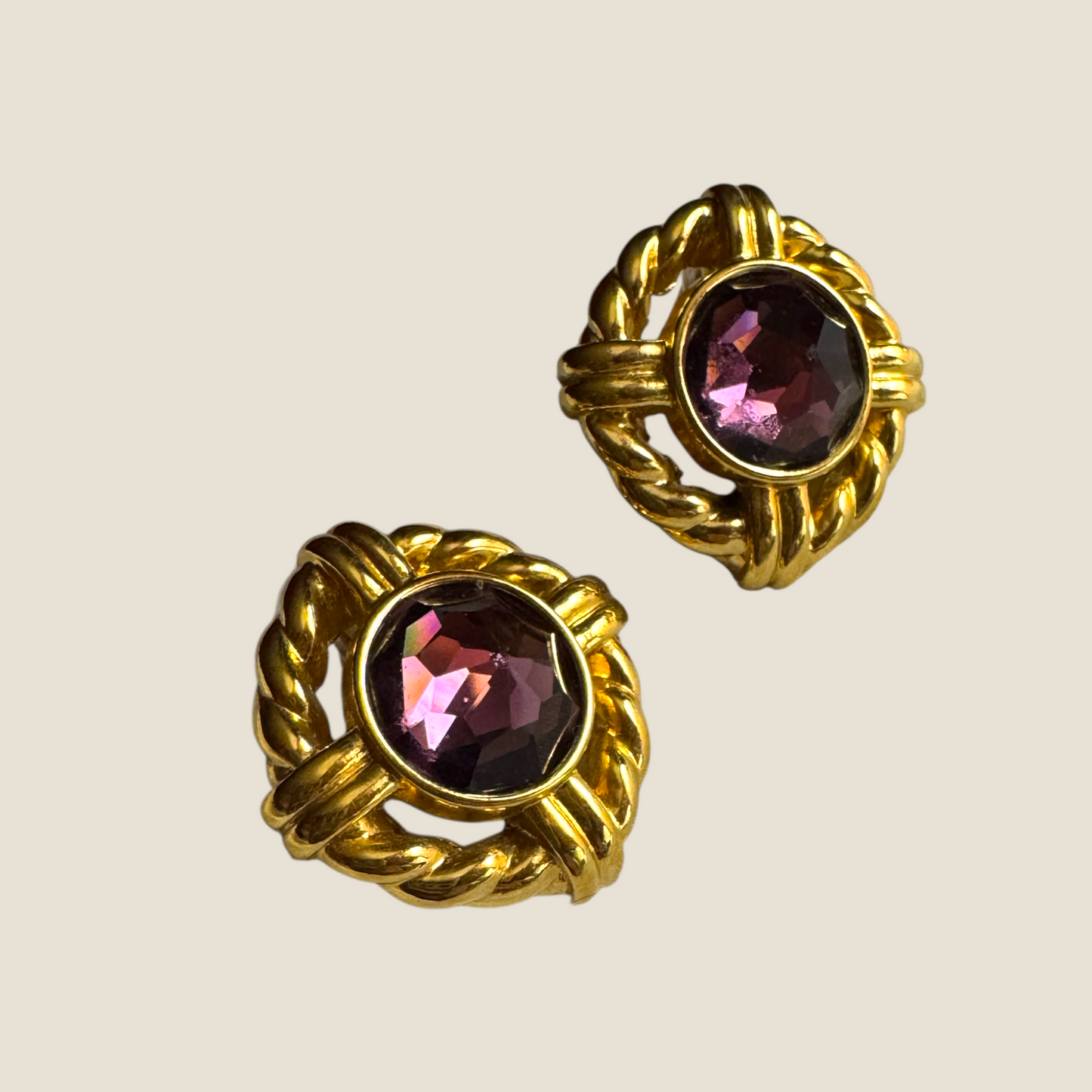Vintage Signed S.A.L. Swarovski Amethyst Crystal Earrings – Gold-Tone Braided Rope Design