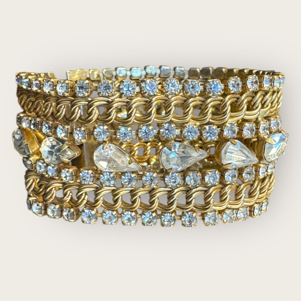 Vintage Hobé Rhinestone & Gold-Tone Chain Statement Bracelet