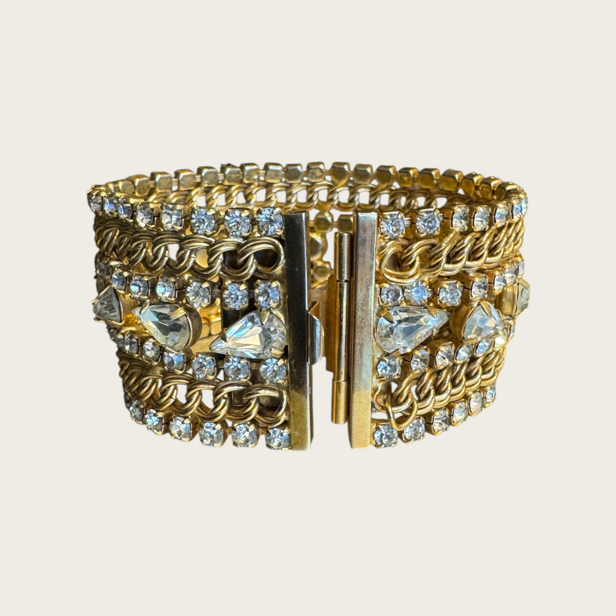 Vintage Hobé Rhinestone & Gold-Tone Chain Statement Bracelet