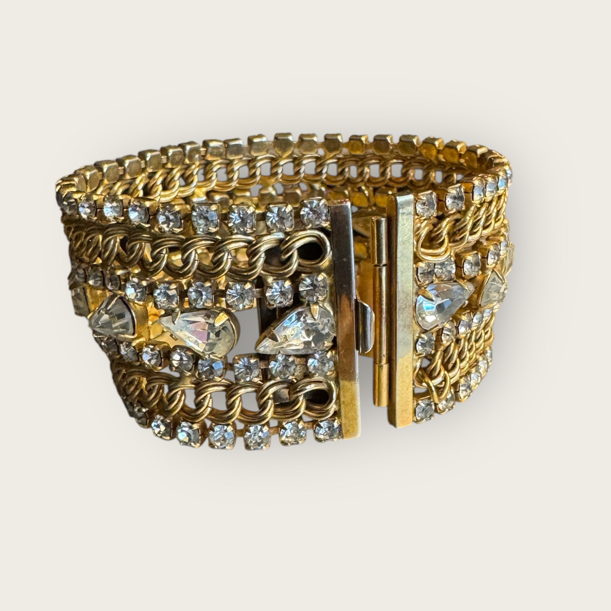 Vintage Hobé Rhinestone & Gold-Tone Chain Statement Bracelet