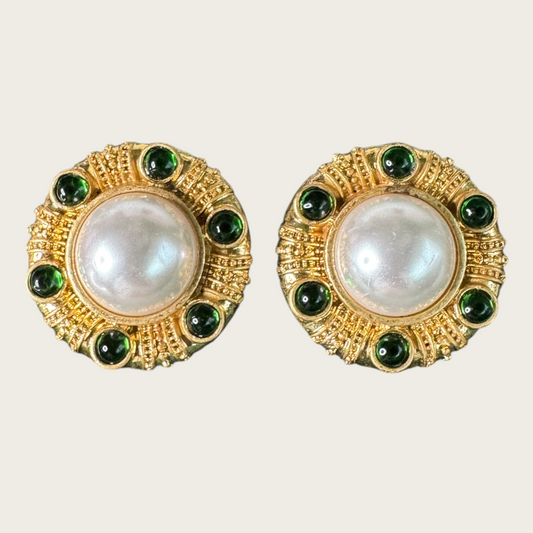 Vintage Monet Domed Faux Pearl & Green Cabochon Earrings – Gold-Tone