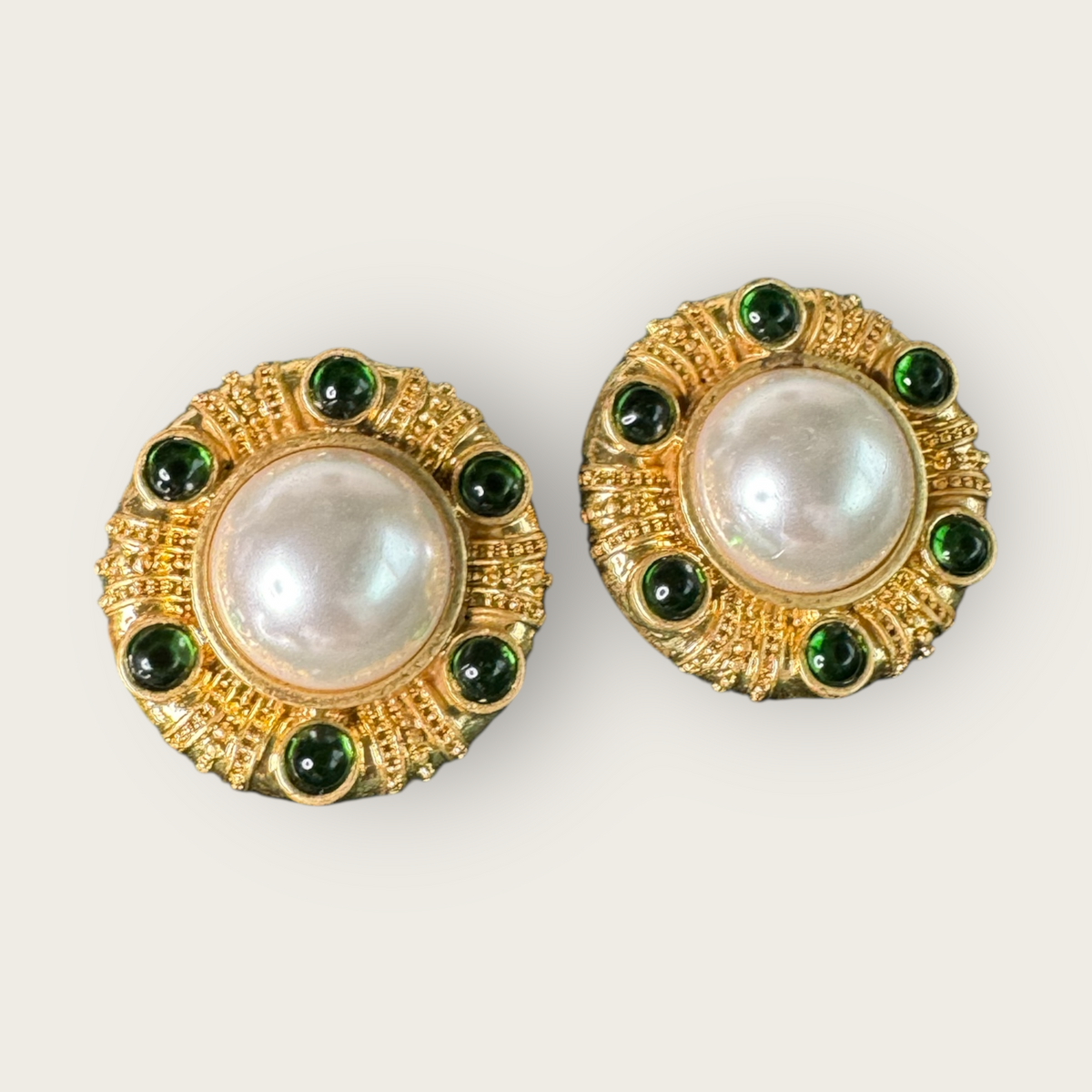 Vintage Monet Domed Faux Pearl & Green Cabochon Earrings – Gold-Tone