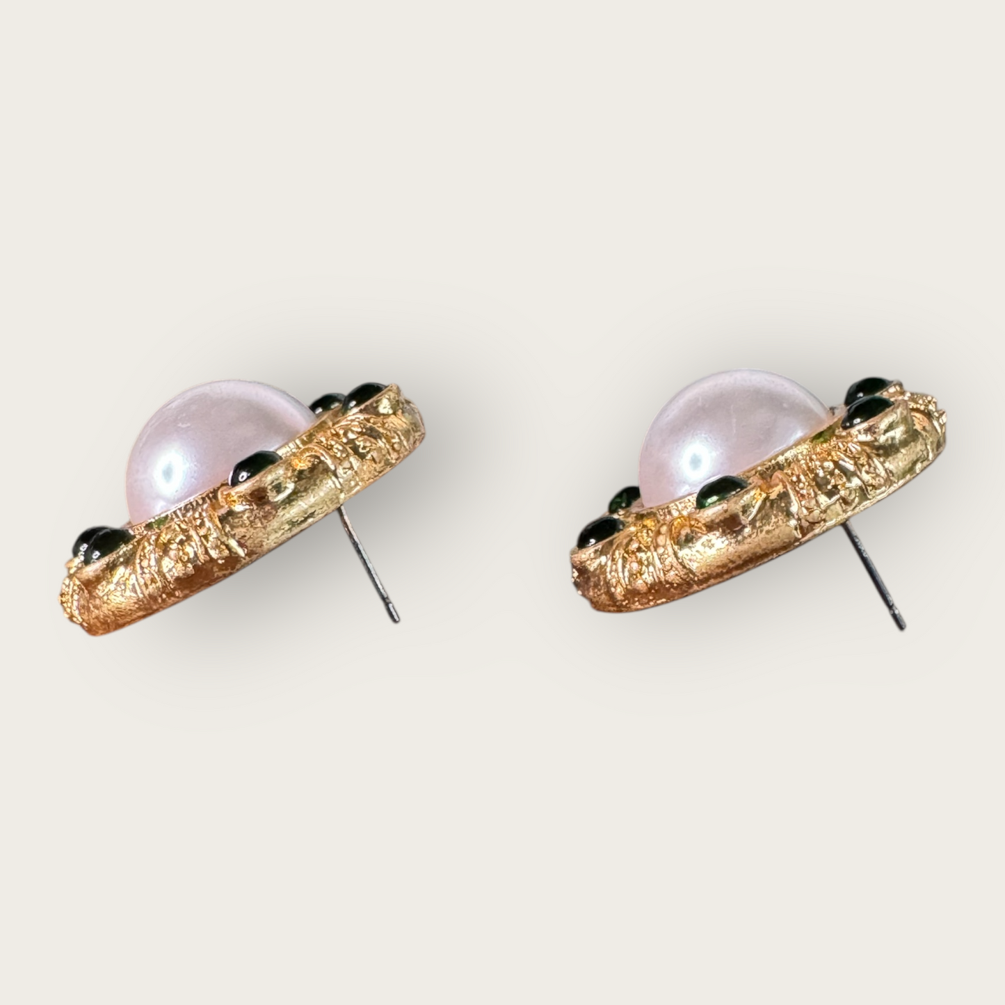 Vintage Monet Domed Faux Pearl & Green Cabochon Earrings – Gold-Tone