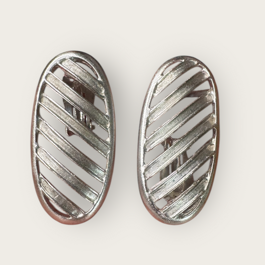 Vintage Signed JAY FEINBERG Silver-Tone Striped Elongate Clip-On Earrings