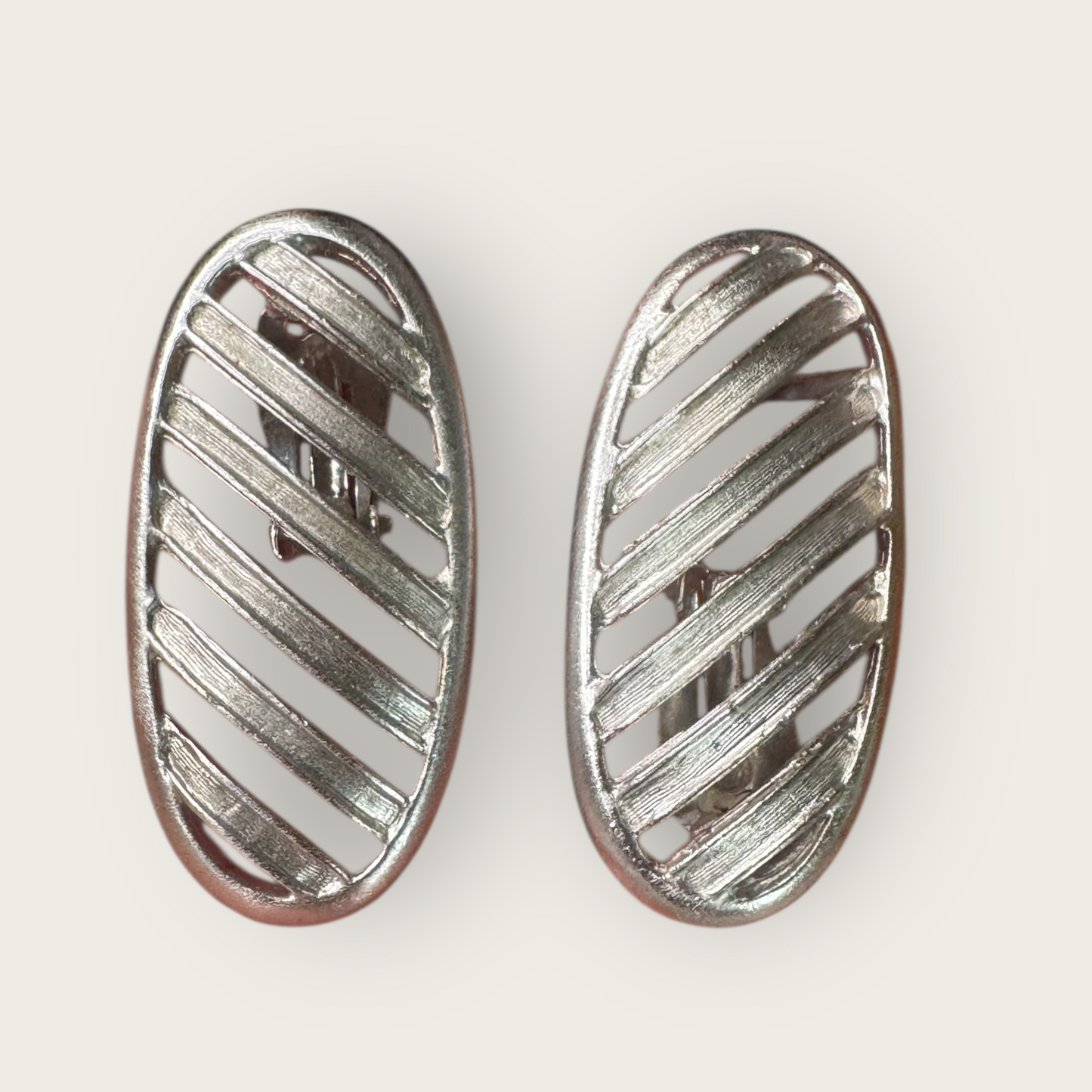 Vintage Signed JAY FEINBERG Silver-Tone Striped Elongate Clip-On Earrings