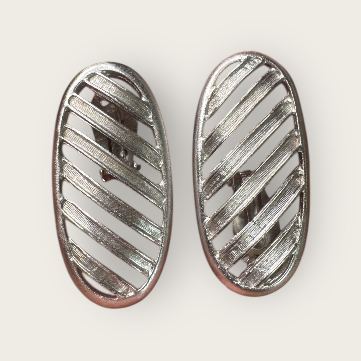 Vintage Signed JAY FEINBERG Silver-Tone Striped Elongate Clip-On Earrings
