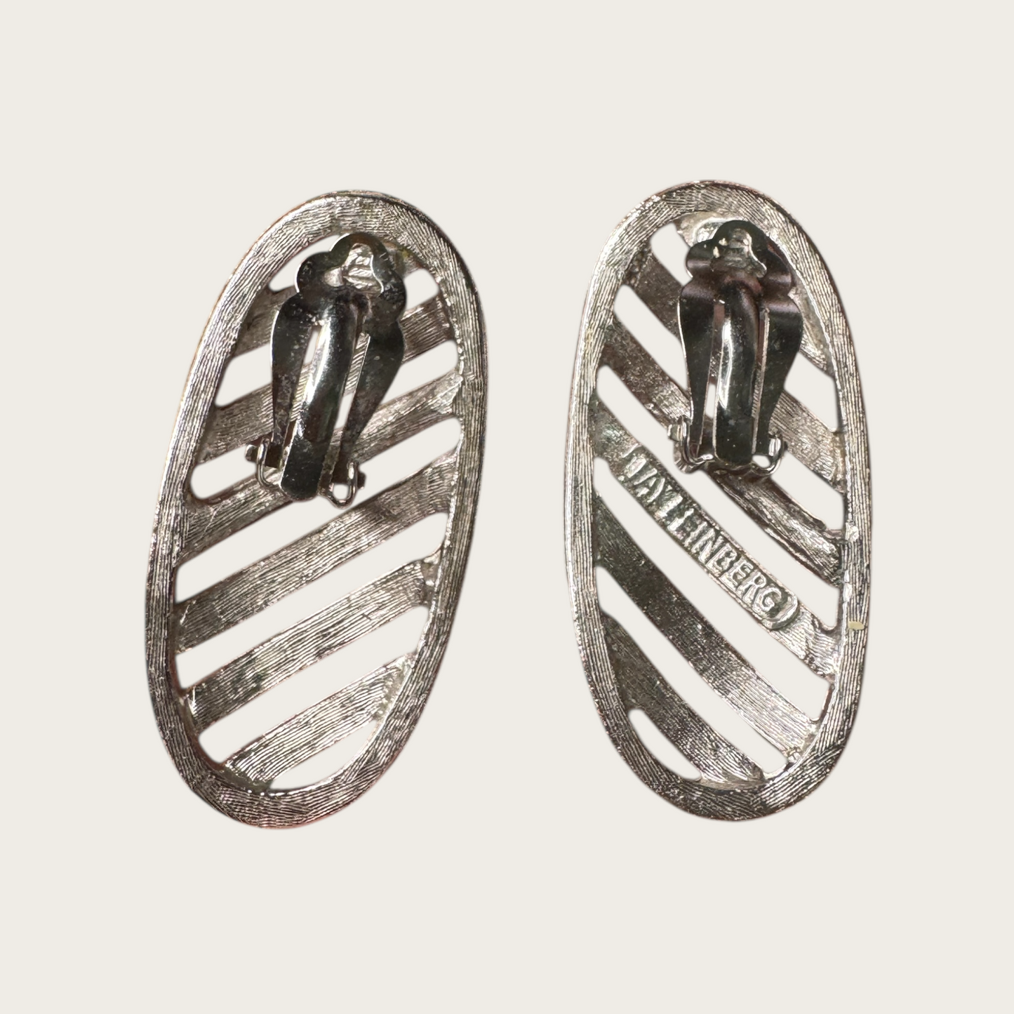 Vintage Signed JAY FEINBERG Silver-Tone Striped Elongate Clip-On Earrings