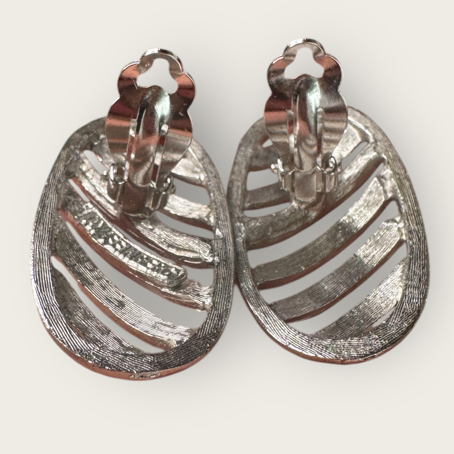 Vintage Signed JAY FEINBERG Silver-Tone Striped Elongate Clip-On Earrings