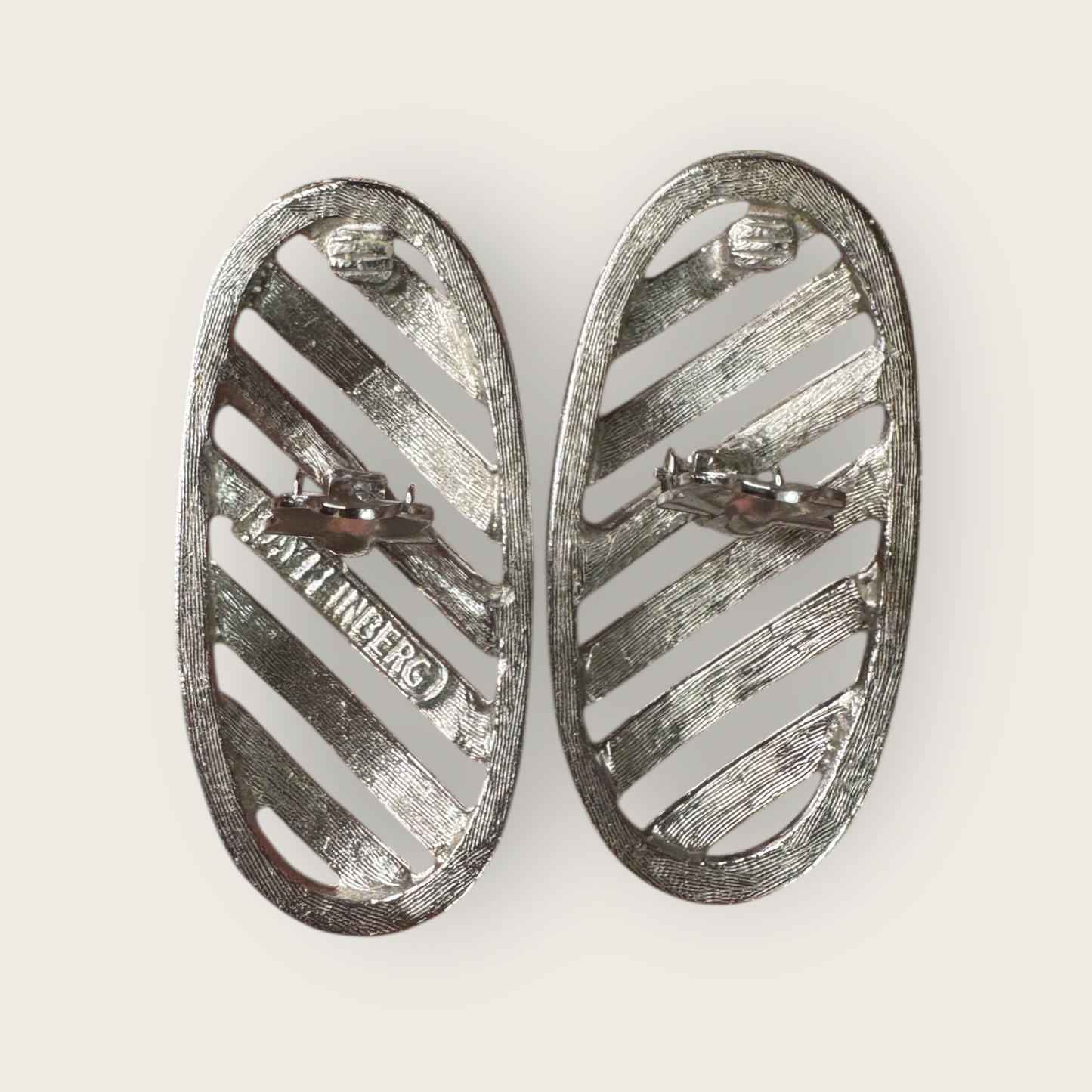 Vintage Signed JAY FEINBERG Silver-Tone Striped Elongate Clip-On Earrings