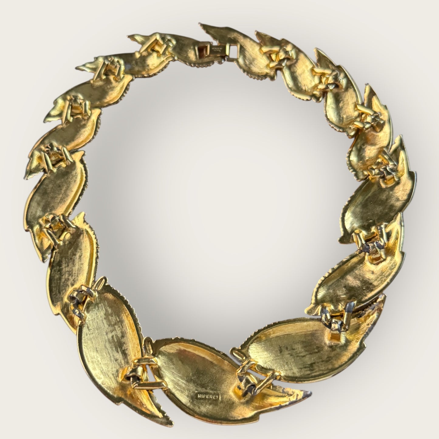 Vintage Napier Patent Pending Textured Leaf Necklace – Heavy Gold-Plated Statement Design