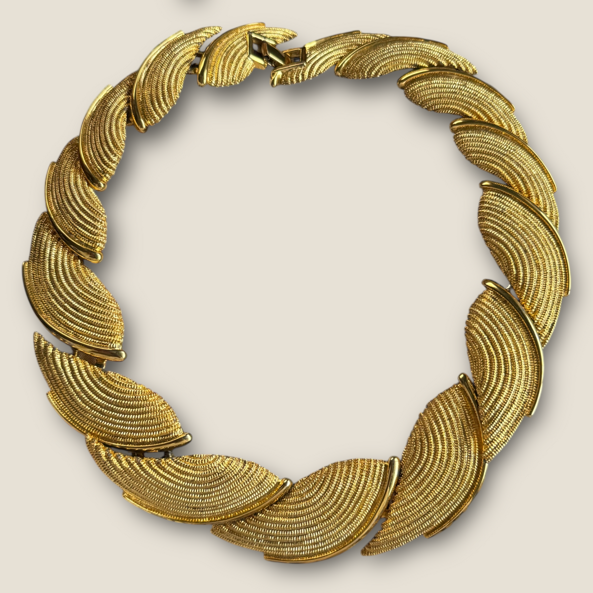 Vintage Napier Patent Pending Textured Leaf Necklace – Heavy Gold-Plated Statement Design