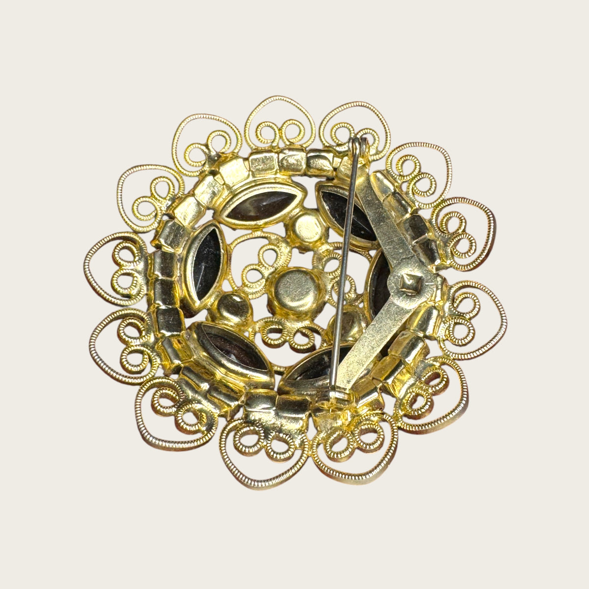 Smoky Gray & Black Rhinestone Filigree Wreath Brooch – 1960s Vintage Statement Pin